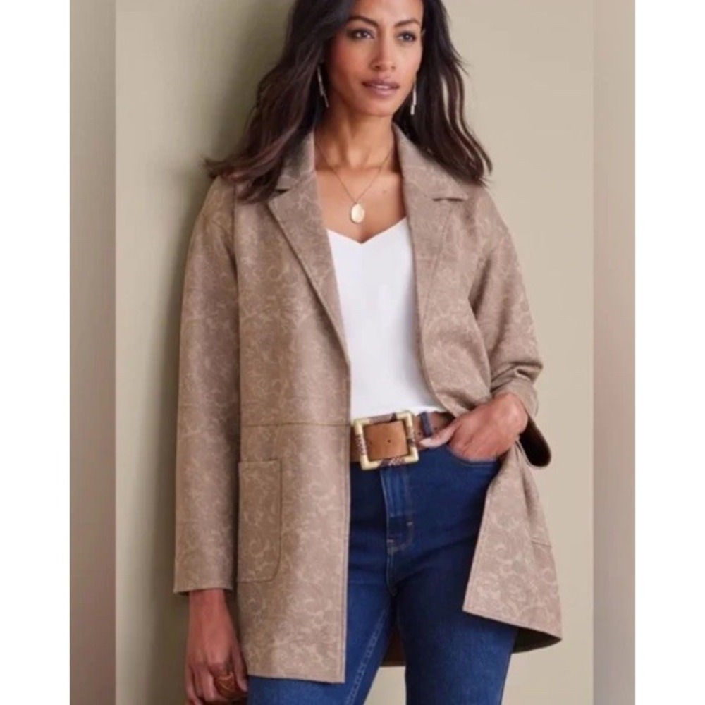 Soft Surroundings Malika Jacket Womens 1X Brown Faux‎ Suede Driftwood Paisley